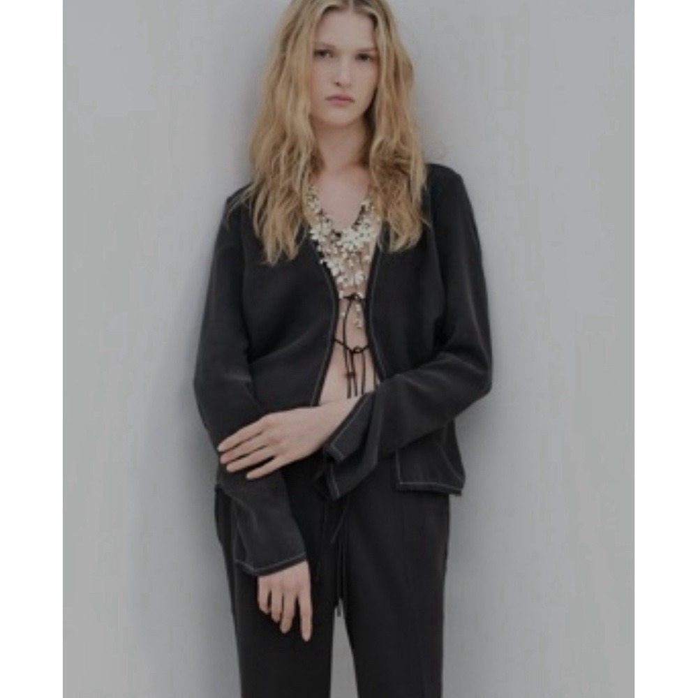 Zara Washed Black Tie Easy Modal Long Sleeve Split Top Women's Size XS Raw Hem
